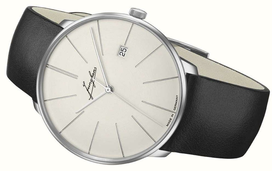 Men'S Junghans | Junghans Meister Fein Automatic Signatur (39.5Mm) Light Grey Dial / Black Leather Strap