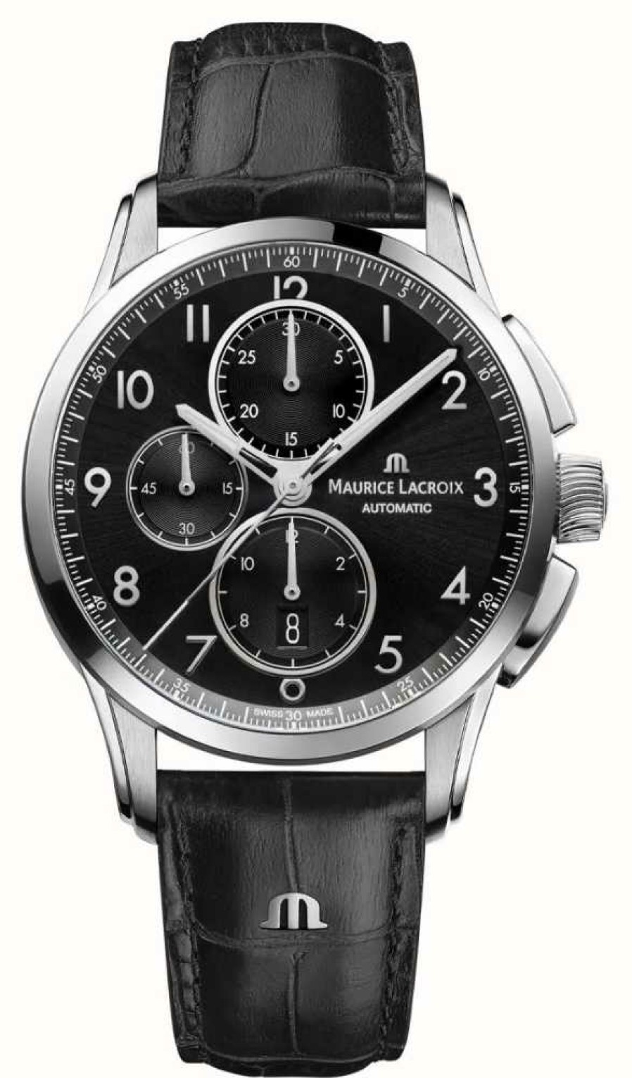 Men'S Maurice Lacroix | Maurice Lacroix Pontos Chronograph (43Mm) Black Dial / Black Leather