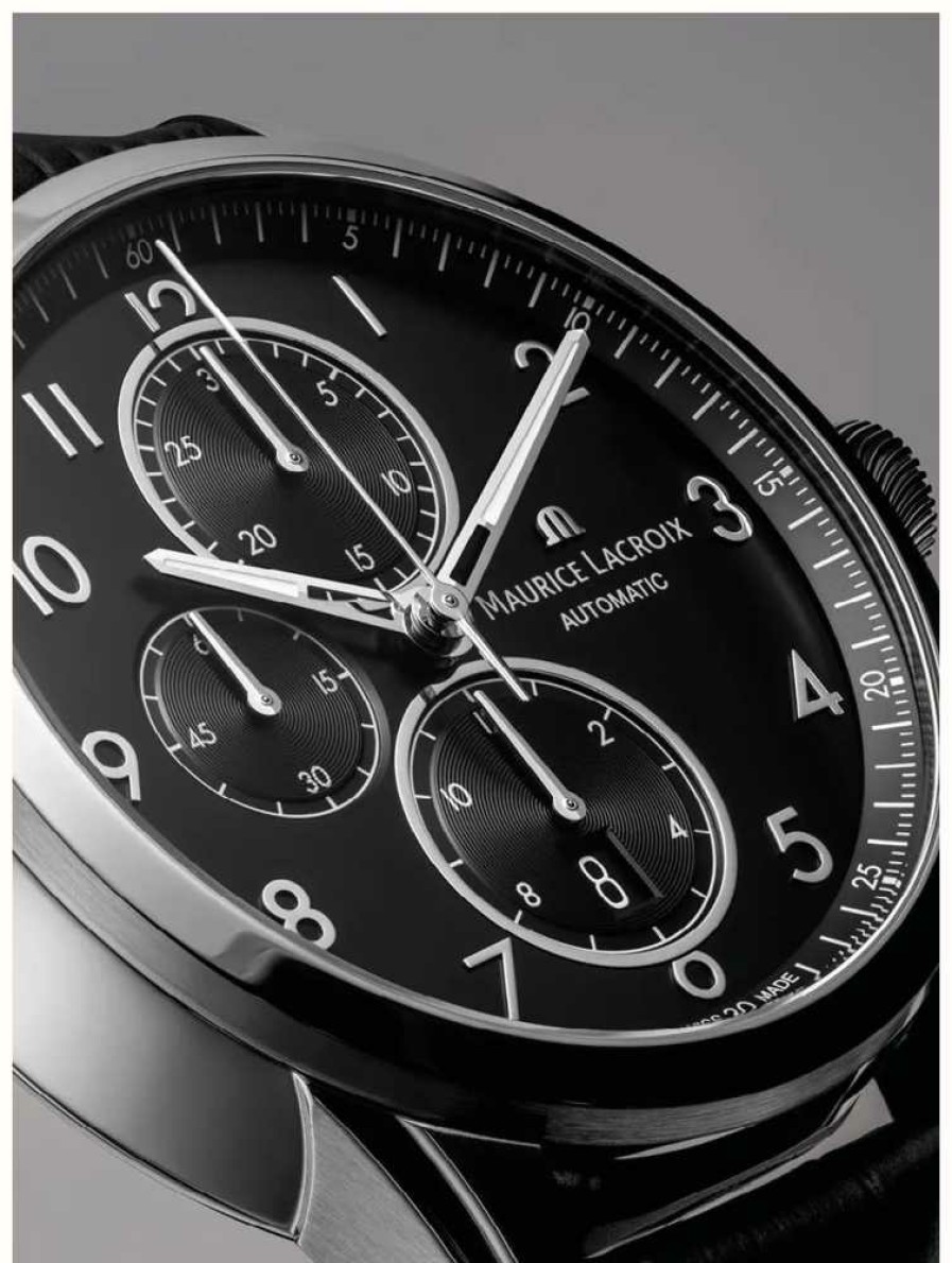 Men'S Maurice Lacroix | Maurice Lacroix Pontos Chronograph (43Mm) Black Dial / Black Leather