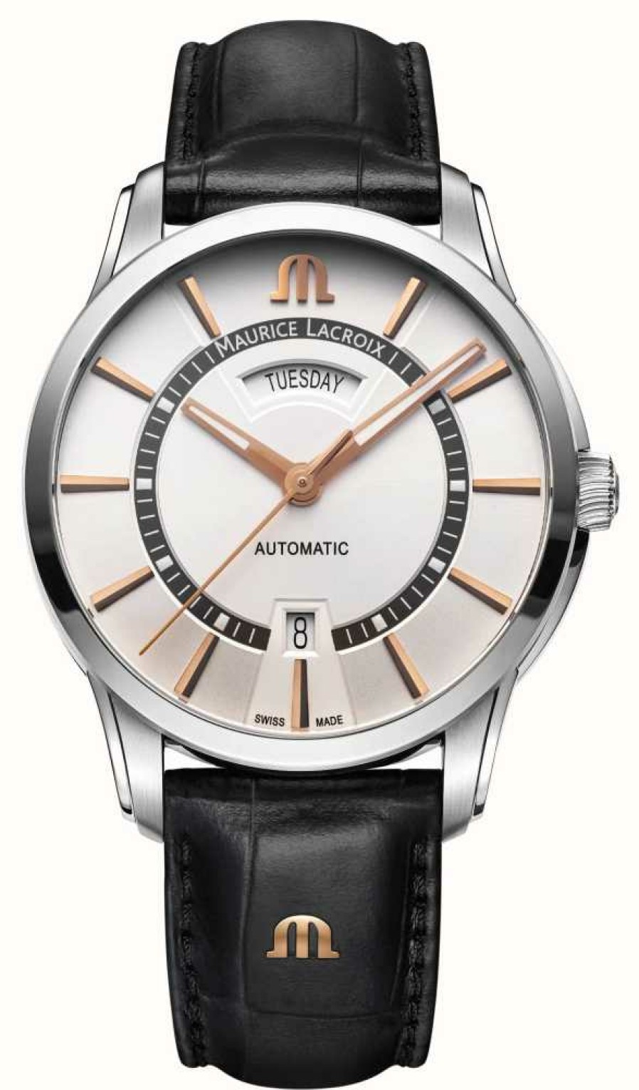 Men'S Maurice Lacroix | Maurice Lacroix Pontos Day Date (41Mm) Silver Dial / Black Leather