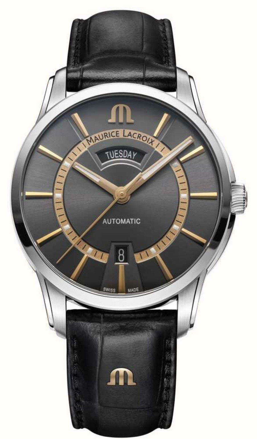 Men'S Maurice Lacroix | Maurice Lacroix Pontos Day Date (41Mm) Anthracite Dial / Black Leather