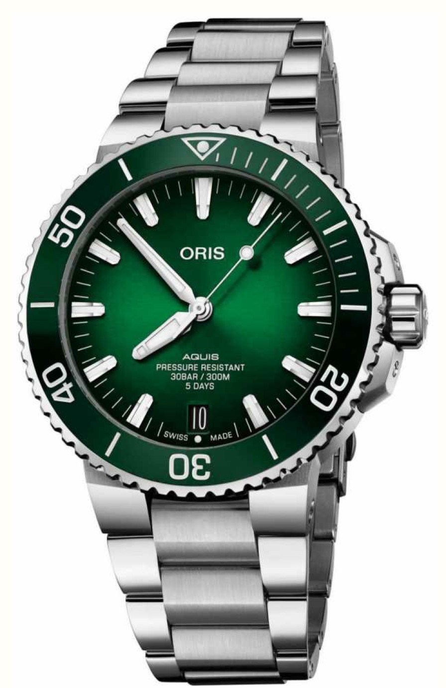 Men'S ORIS | Oris Aquis Date Calibre 400 Automatic (43.5Mm) Green Dial / Stainless Steel Bracelet