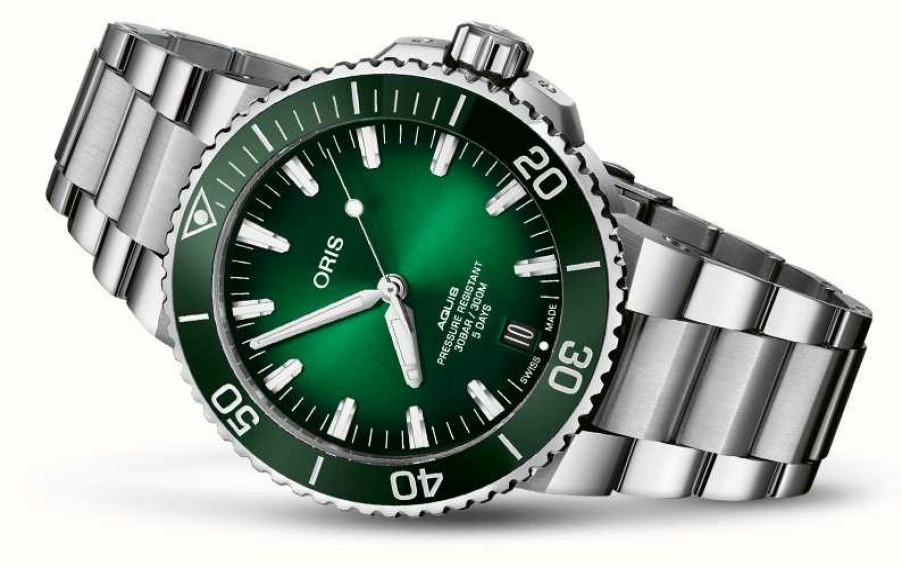 Men'S ORIS | Oris Aquis Date Calibre 400 Automatic (43.5Mm) Green Dial / Stainless Steel Bracelet