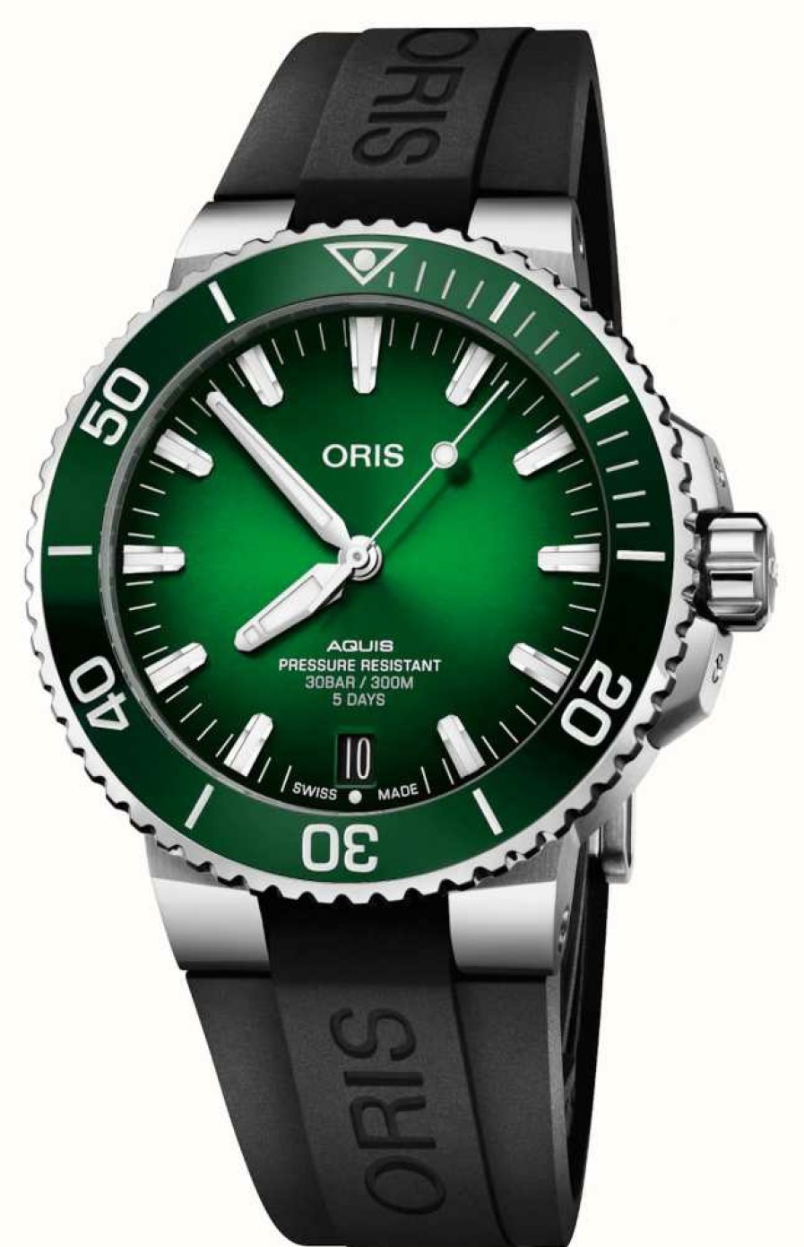 Men'S ORIS | Oris Aquis Date Calibre 400 Automatic (43.5Mm) Green Dial / Green Rubber Strap