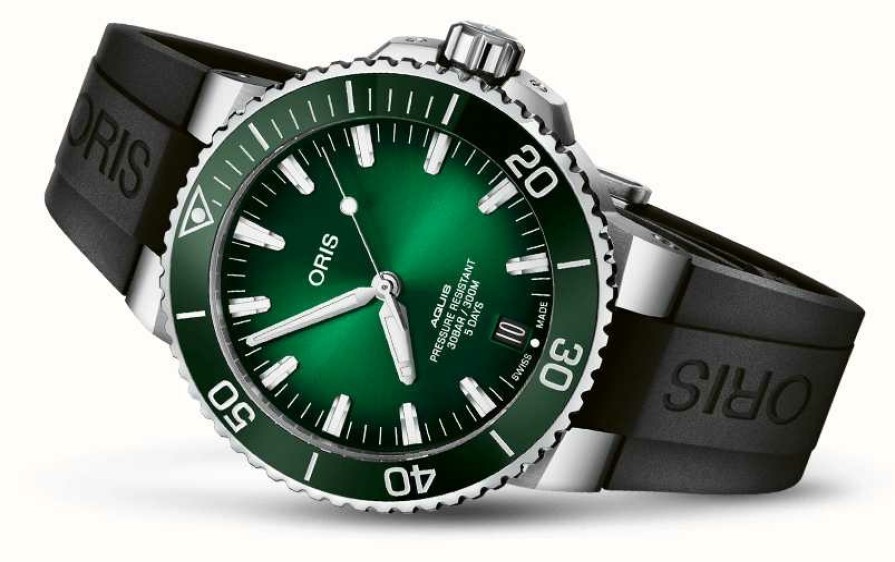 Men'S ORIS | Oris Aquis Date Calibre 400 Automatic (43.5Mm) Green Dial / Green Rubber Strap