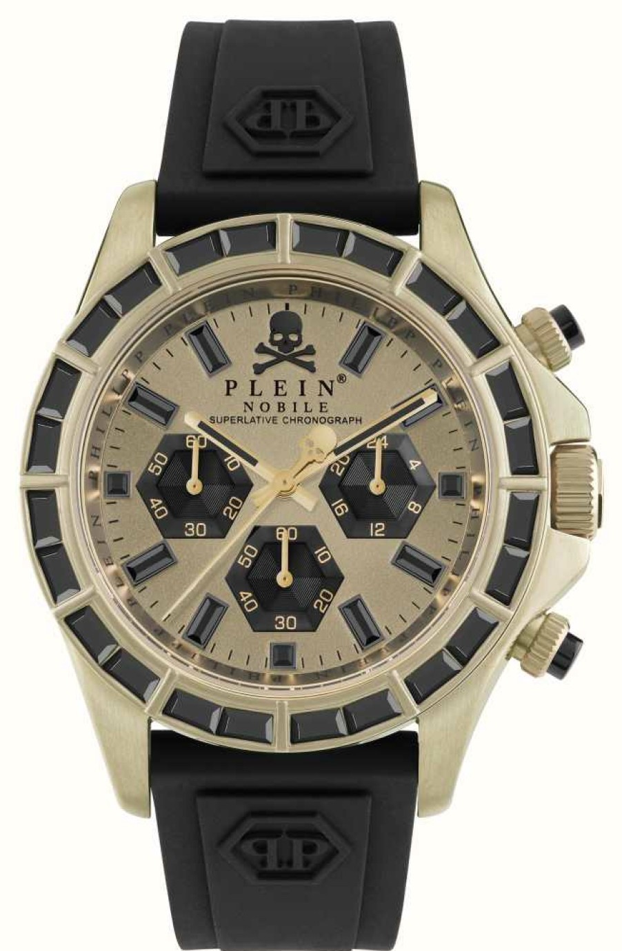 Men'S Philipp Plein | Philipp Plein Nobile Racing Superlatice Chrono Street Couture / Gold Dial Black Strap