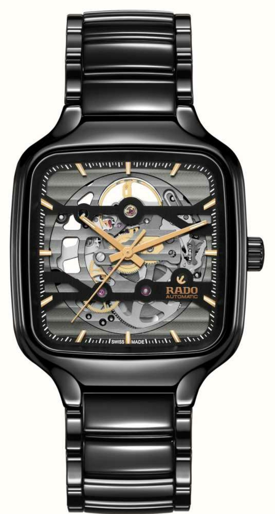 Men'S RADO | Rado True Square Automatic Skeleton (38Mm) Black Dial / Black High-Tech Ceramic Bracelet