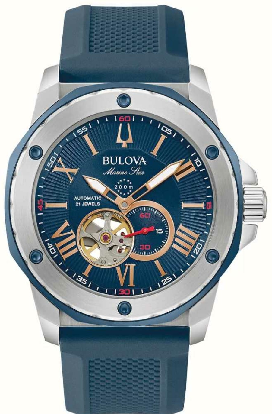 Men'S Bulova | Bulova Men'S Marine Star| Automatic | Blue Dial | Blue Silicone Strap