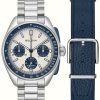 Men'S Bulova | Bulova Men'S Heritage Lunar Pilot Chronograph Set | White Dial | Stainless Steel Blue Leather Straps