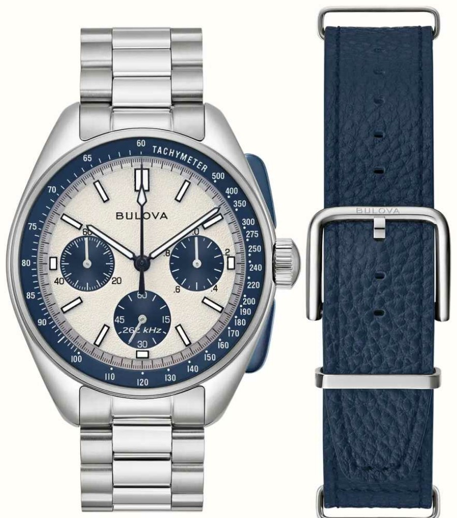 Men'S Bulova | Bulova Men'S Heritage Lunar Pilot Chronograph Set | White Dial | Stainless Steel Blue Leather Straps