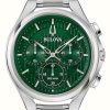 Men'S Bulova | Bulova Men'S Curv Chronograph | Green Dial | Stainless Steel Bracelet