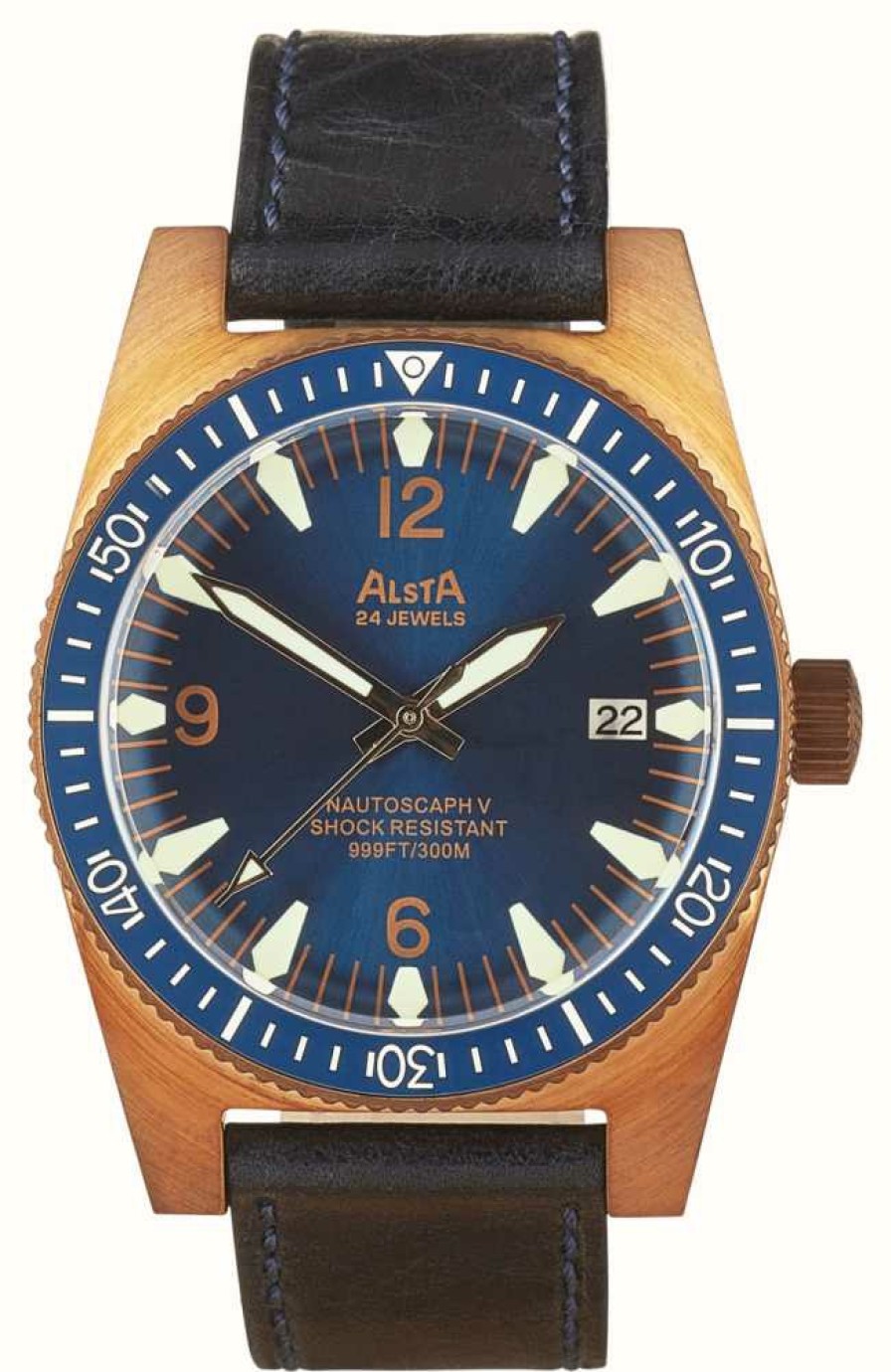 Men'S Alsta | Alsta Nautoscaph V Bronze Anacapri Automatic (300M) Blue Dial / Blue Leather