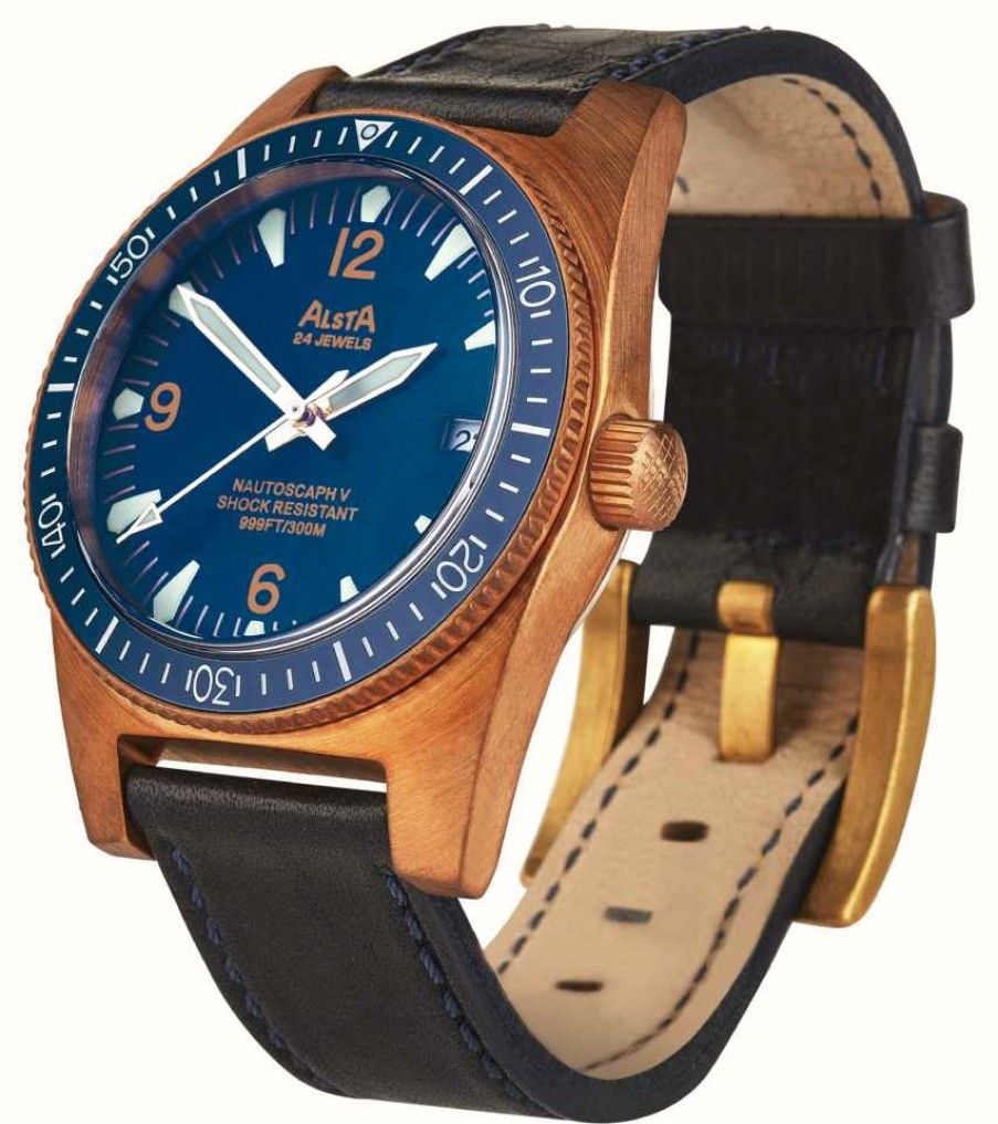 Men'S Alsta | Alsta Nautoscaph V Bronze Anacapri Automatic (300M) Blue Dial / Blue Leather