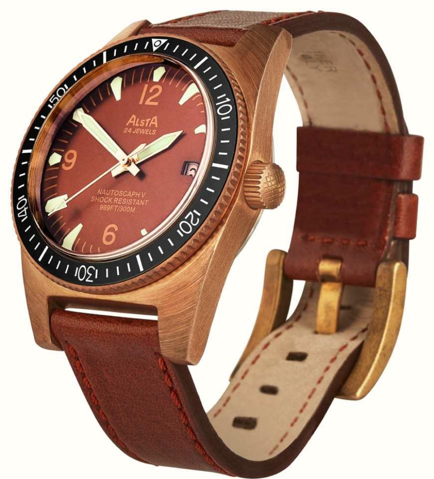 Men'S Alsta | Alsta Nautoscaph V Bronze Porcelana Automatic (300M) Red Dial / Red Leather