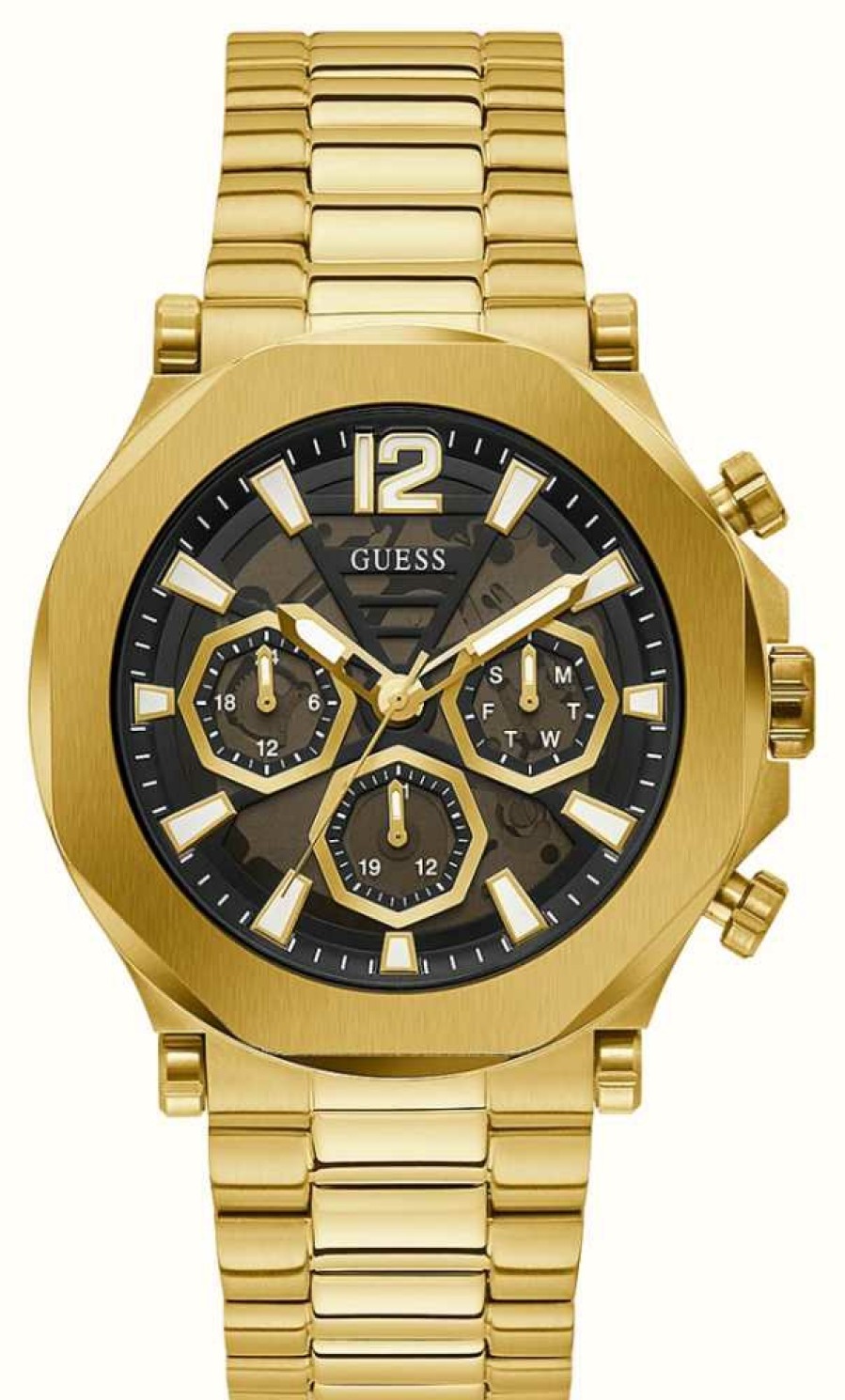 Men'S Guess | Guess Men'S Black Transparent Dial Gold Tone Stainless Steel Bracelet