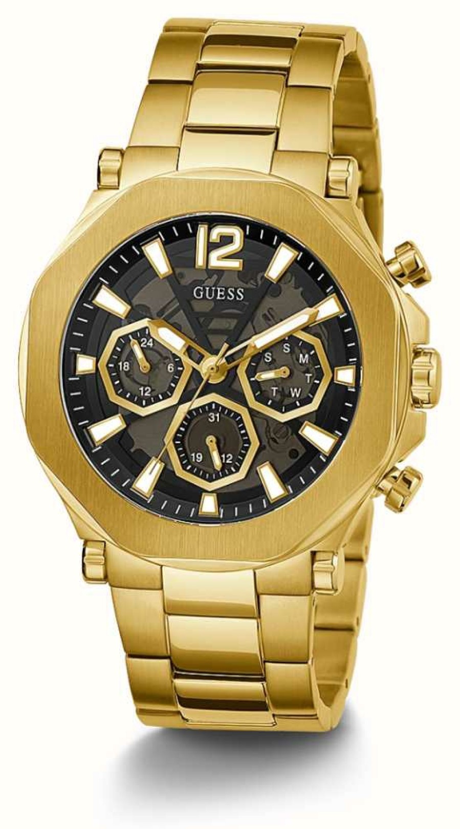 Men'S Guess | Guess Men'S Black Transparent Dial Gold Tone Stainless Steel Bracelet