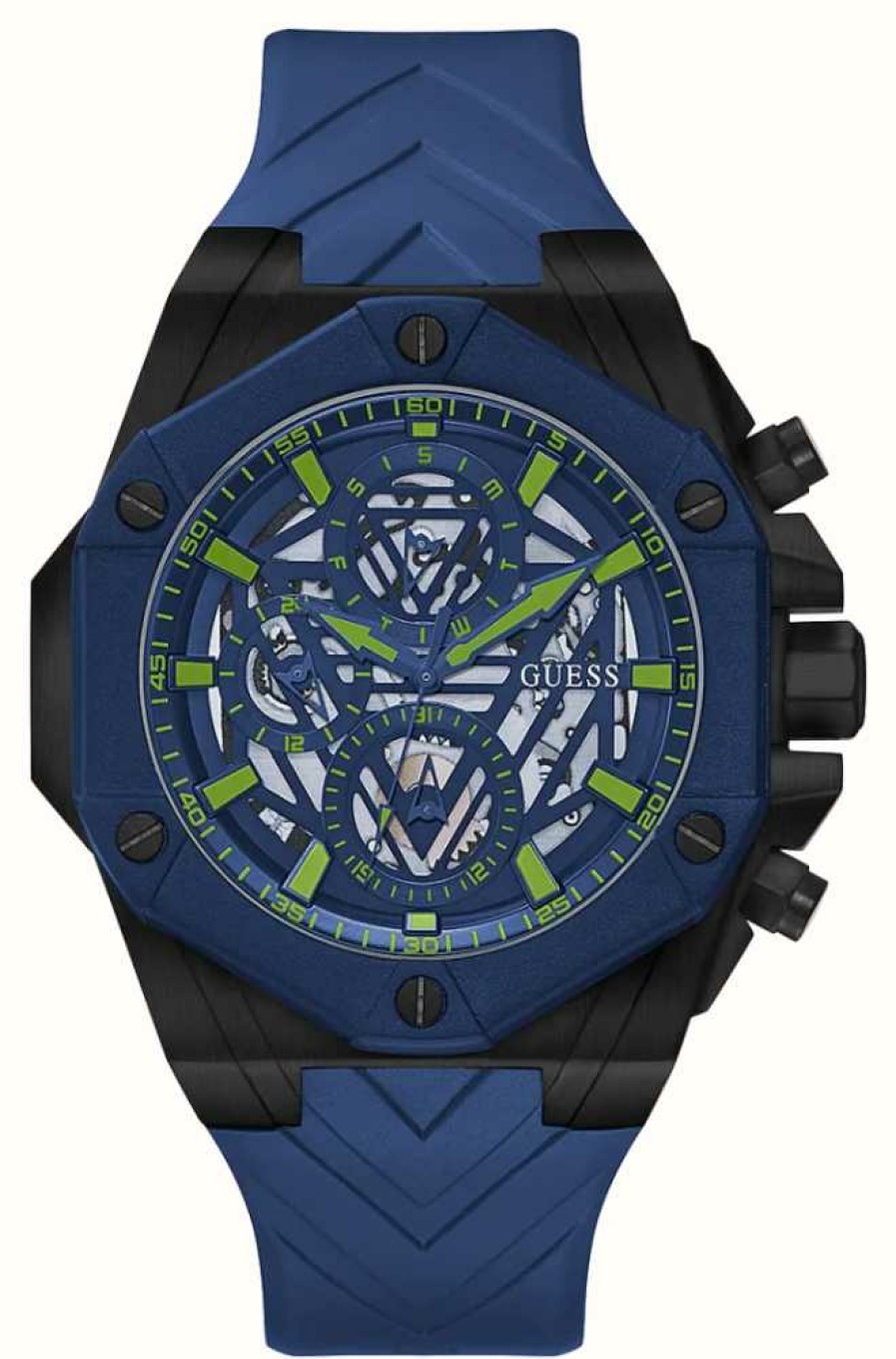 Men'S Guess | Guess Men'S Blue Skeleton Dial Blue Silicone Strap