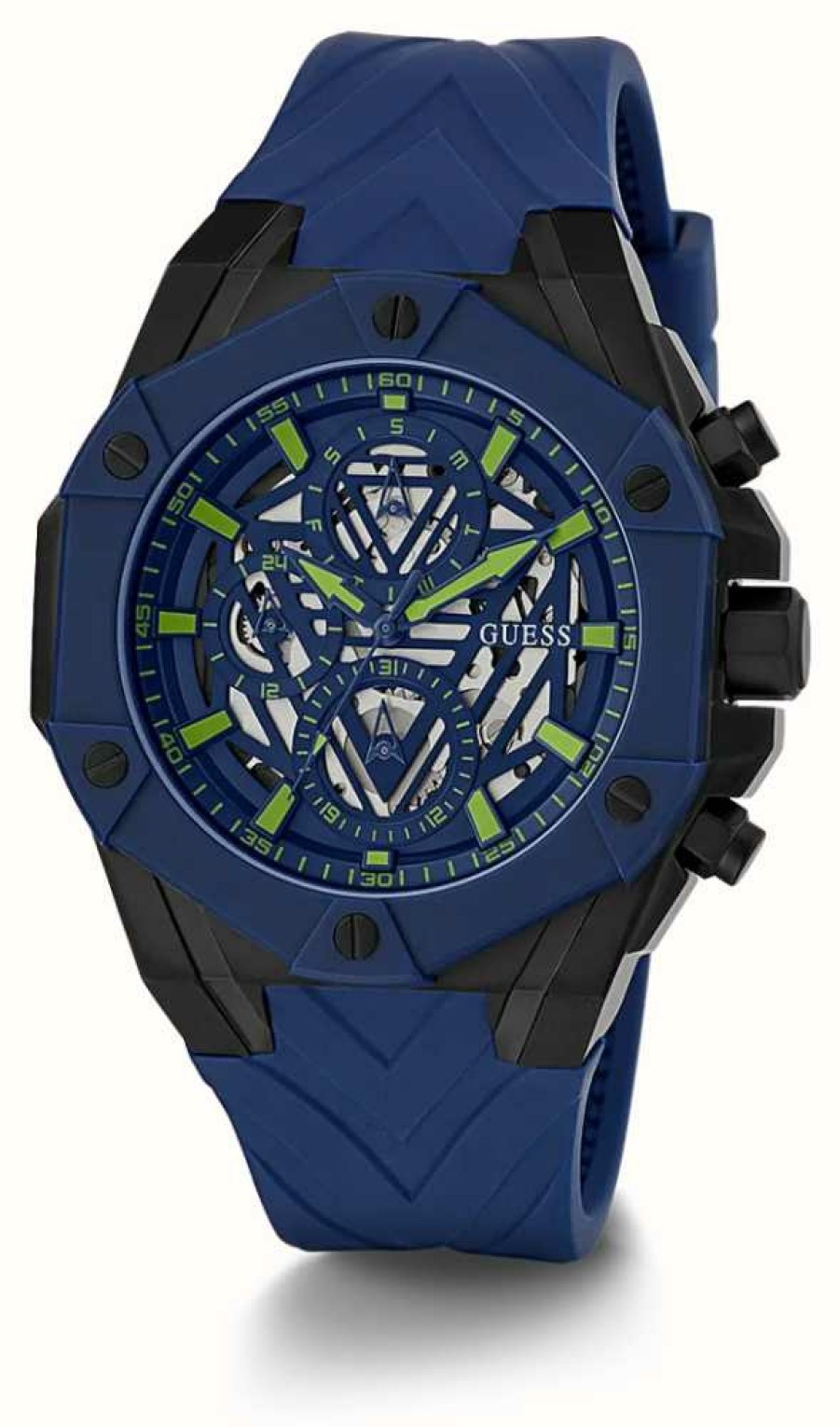 Men'S Guess | Guess Men'S Blue Skeleton Dial Blue Silicone Strap