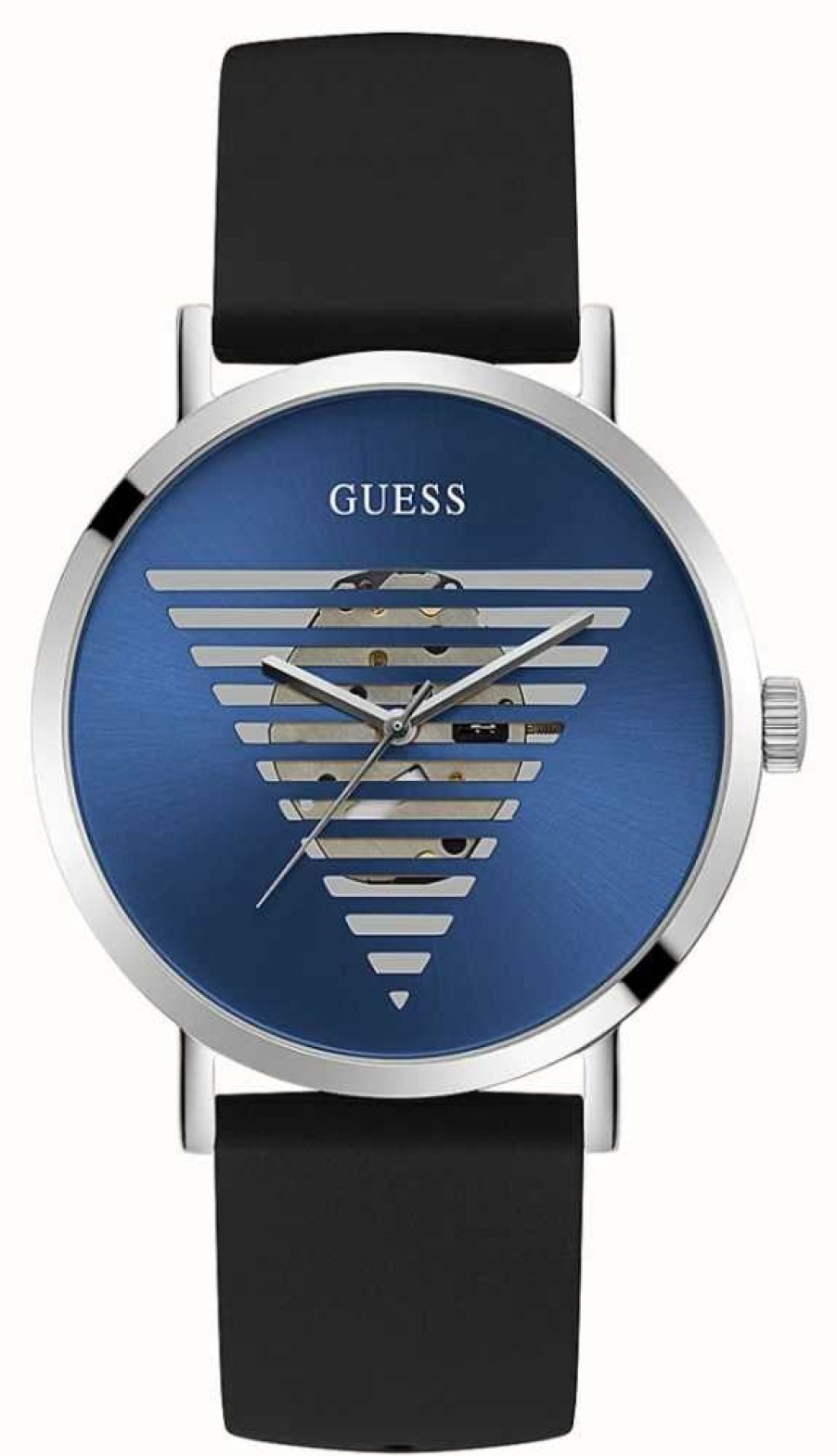 Men'S Guess | Guess Men'S Blue Cut-Through Logo Dial Black Silicone Strap