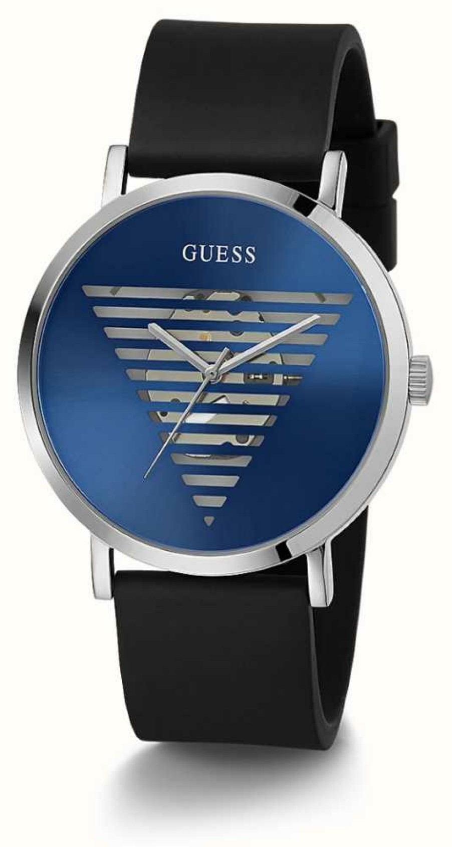 Men'S Guess | Guess Men'S Blue Cut-Through Logo Dial Black Silicone Strap