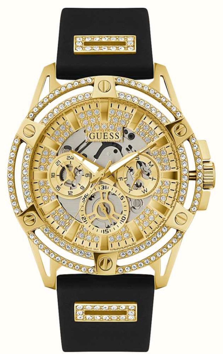 Men'S Guess | Guess Men'S Gold Crystal Dial Black Silicone Strap