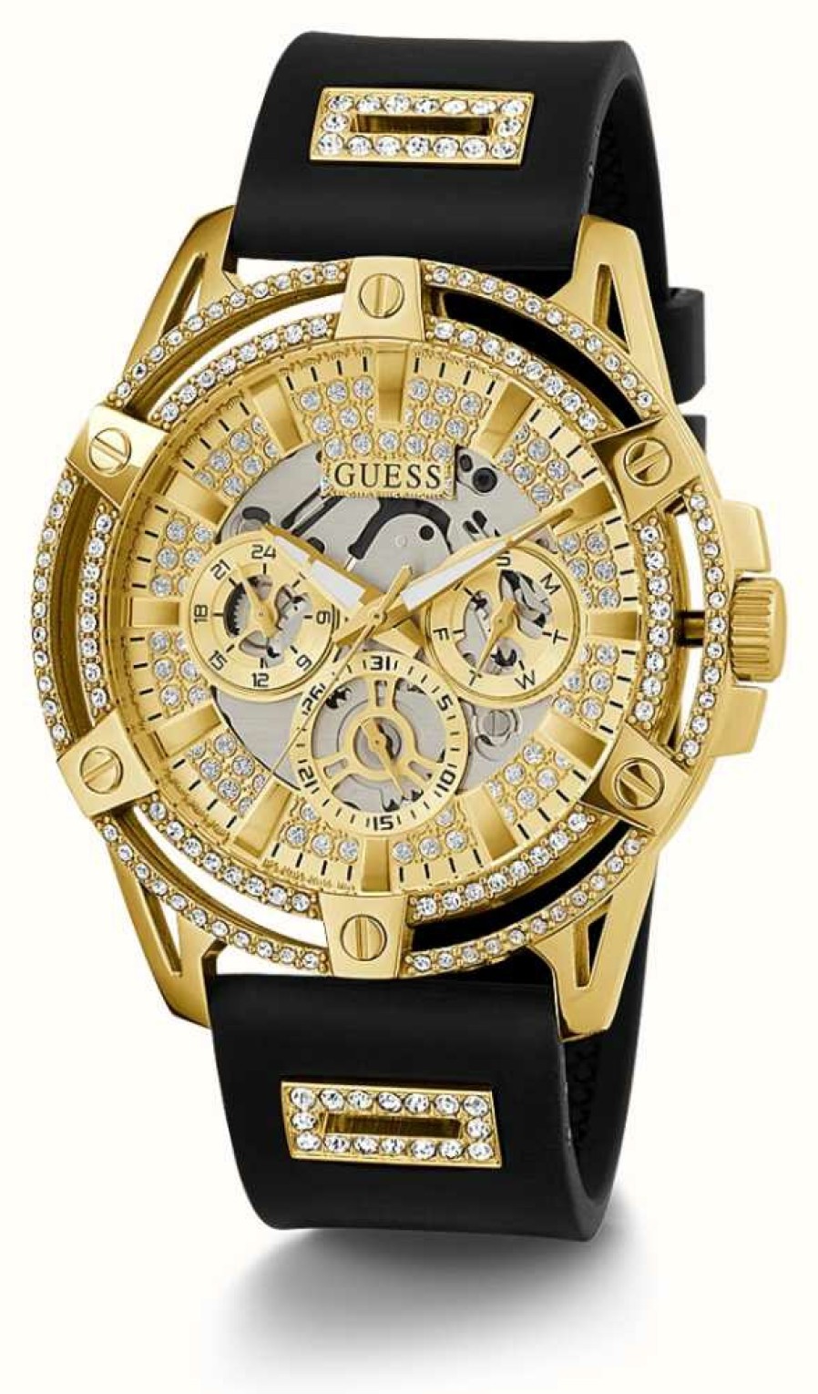 Men'S Guess | Guess Men'S Gold Crystal Dial Black Silicone Strap