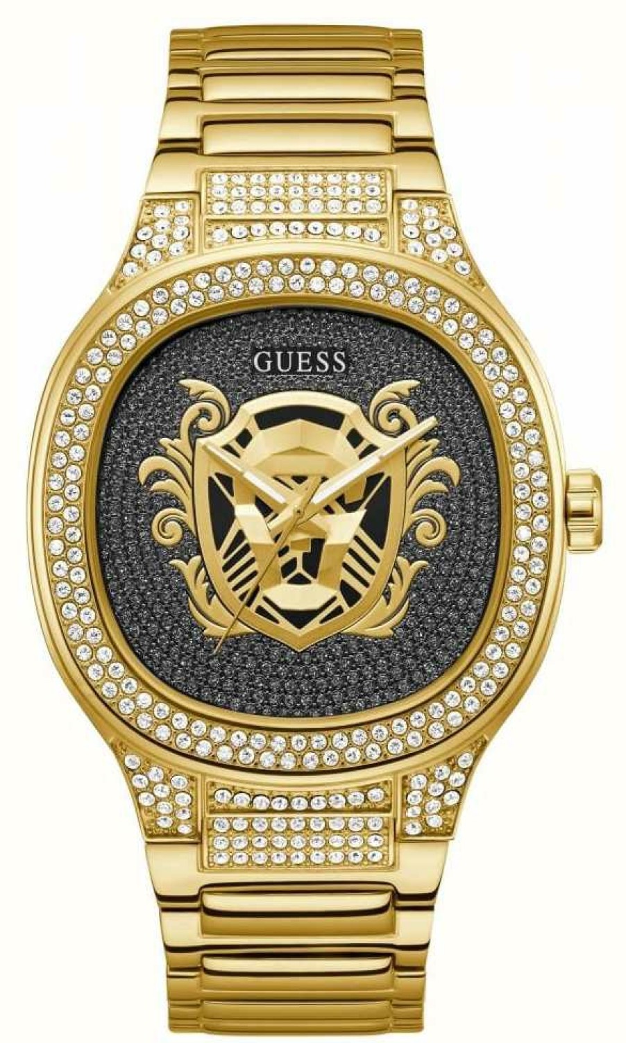 Men'S Guess | Guess Men'S Black Crystal Dial Gold Tone Stainless Steel Bracelet