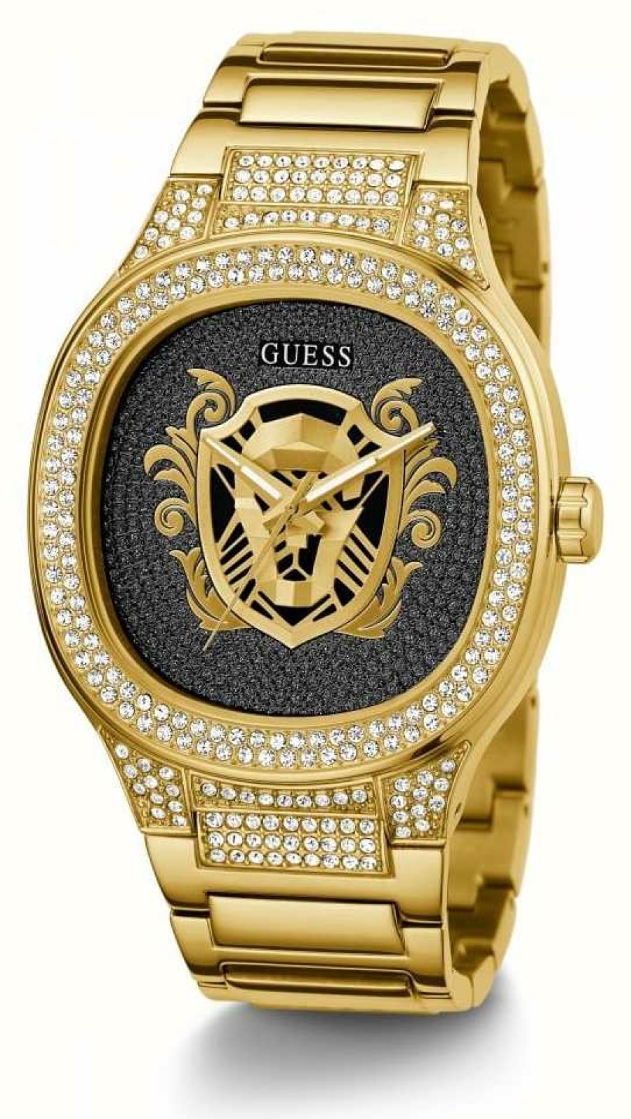 Men'S Guess | Guess Men'S Black Crystal Dial Gold Tone Stainless Steel Bracelet