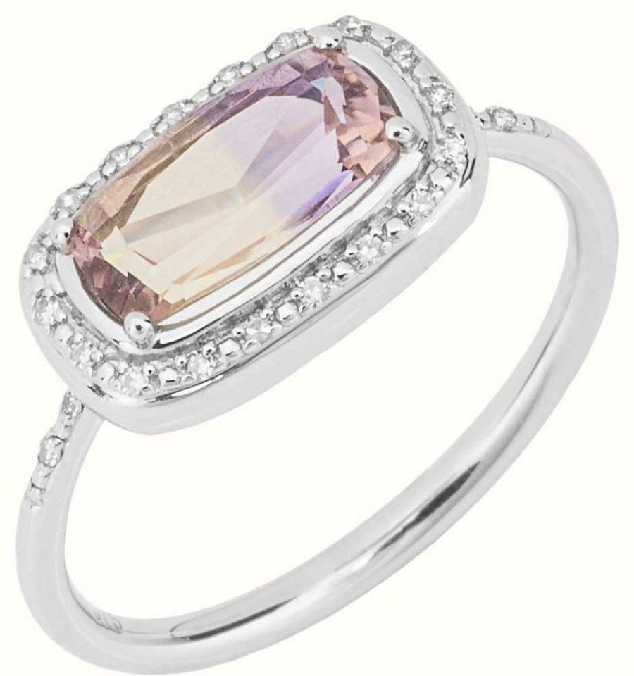 Jewelry Elements Gold | Elements Gold 9Ct White Gold Diamond And Ametrine Elongate Ring Size 56