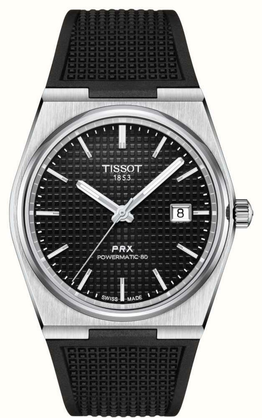 Men'S Tissot | Tissot Prx Powermatic 80 (40Mm) Black Dial / Black Rubber