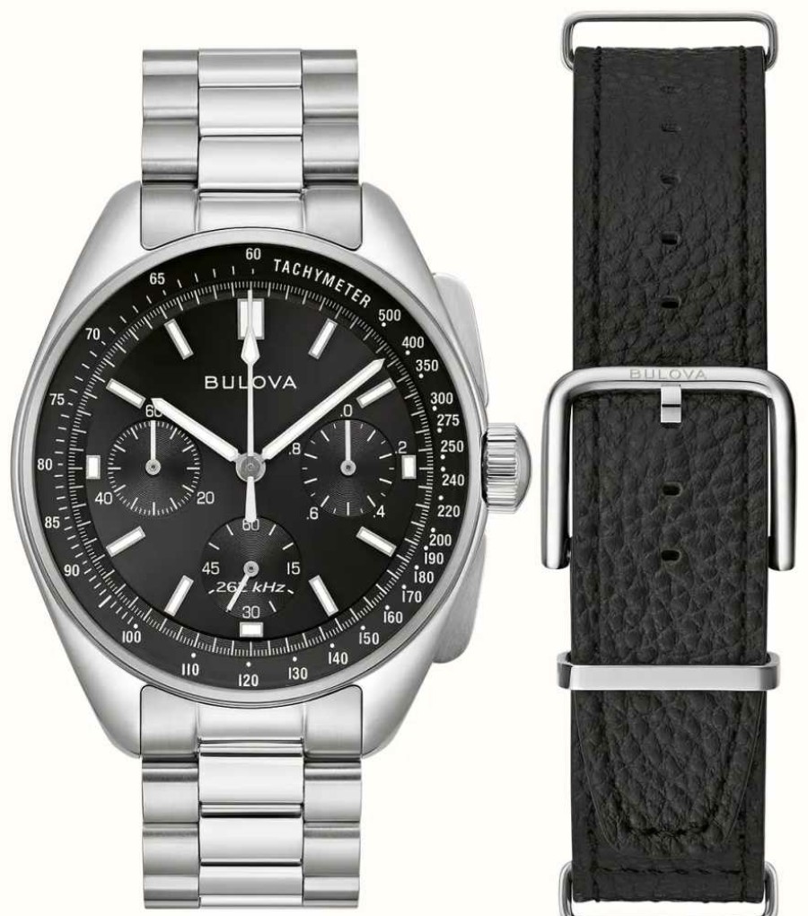 Men'S Bulova | Bulova Men'S Lunar Pilot Chronograph Black Dial / Stainless Steel Bracelet And Black Leather Strap Set