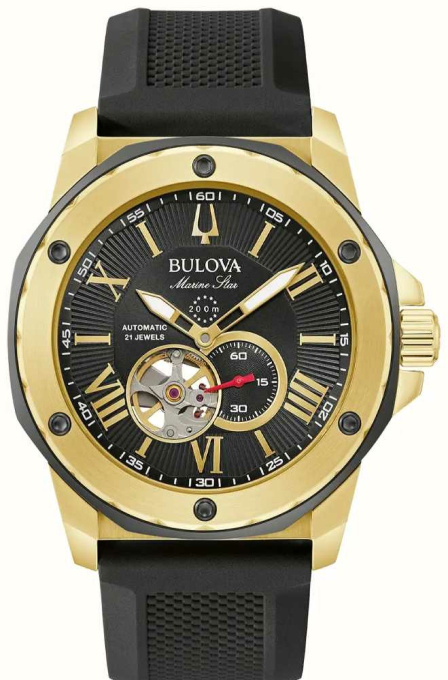 Men'S Bulova | Bulova Men'S Marine Star Automatic Black Dial / Black Silicone Strap