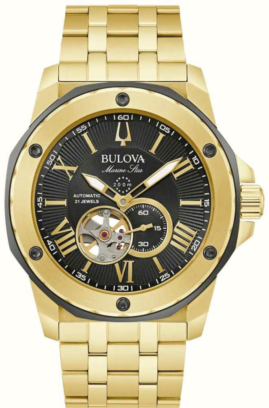 Men'S Bulova | Bulova Men'S Marine Star Automatic Black Dial / Gold-Tone Stainless Steel Bracelet