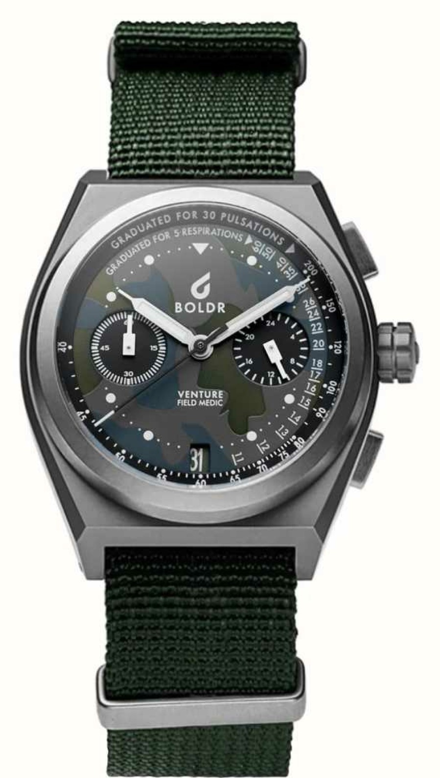 Jewelry BOLDR Supply Co. | Boldr Venture Field Medic Camo-Green Quartz Chrono (38Mm) Camo Dial / Green Nylon