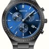 Men'S Bering | Bering Men'S Titanium Blue Chronograph Dial / Black Stainless Steel Bracelet