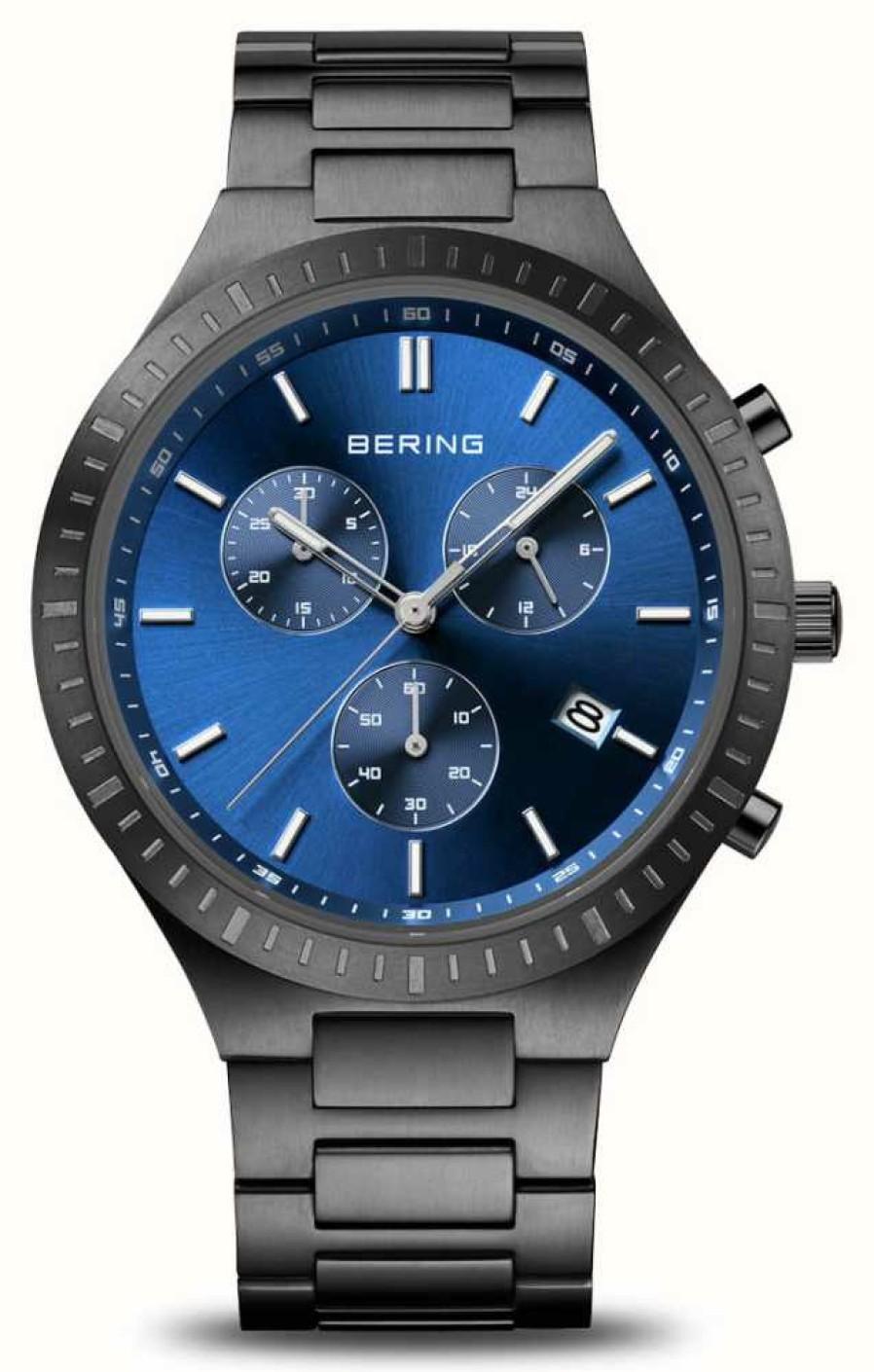 Men'S Bering | Bering Men'S Titanium Blue Chronograph Dial / Black Stainless Steel Bracelet