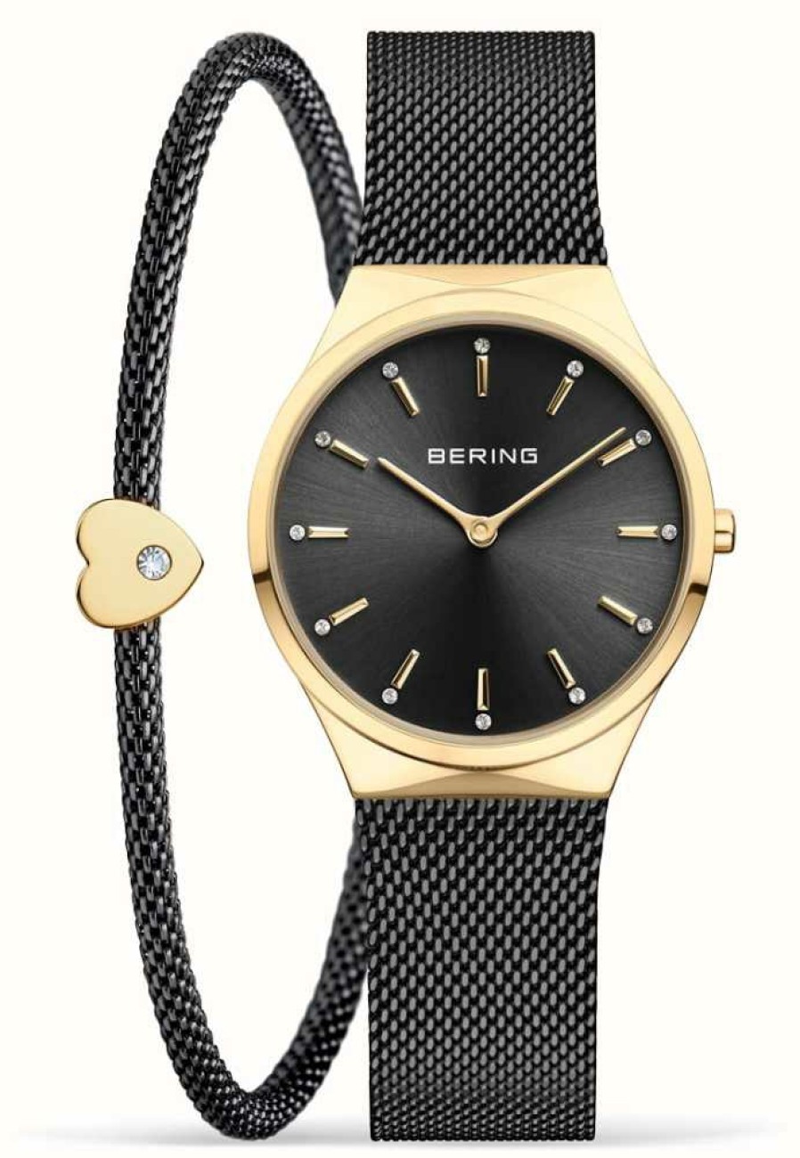 Women'S Bering | Bering Women'S Classic Black And Polished Gold Watch And Bracelet Set