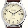 Men'S Timex | Timex Men'S Easy Reader Cream Dial / Brown Leather Strap