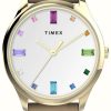 Women'S Timex | Timex Women'S Main Street White Rainbow Crystal Dial Brown Leather Strap