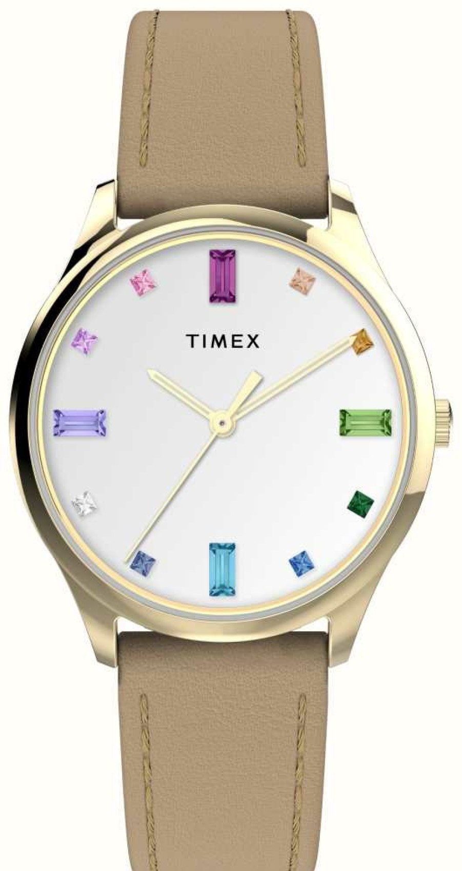 Women'S Timex | Timex Women'S Main Street White Rainbow Crystal Dial Brown Leather Strap