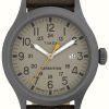 Men'S Timex | Timex Expedition Scout Gunmetal Khaki Dial / Dark Brown Leather Strap