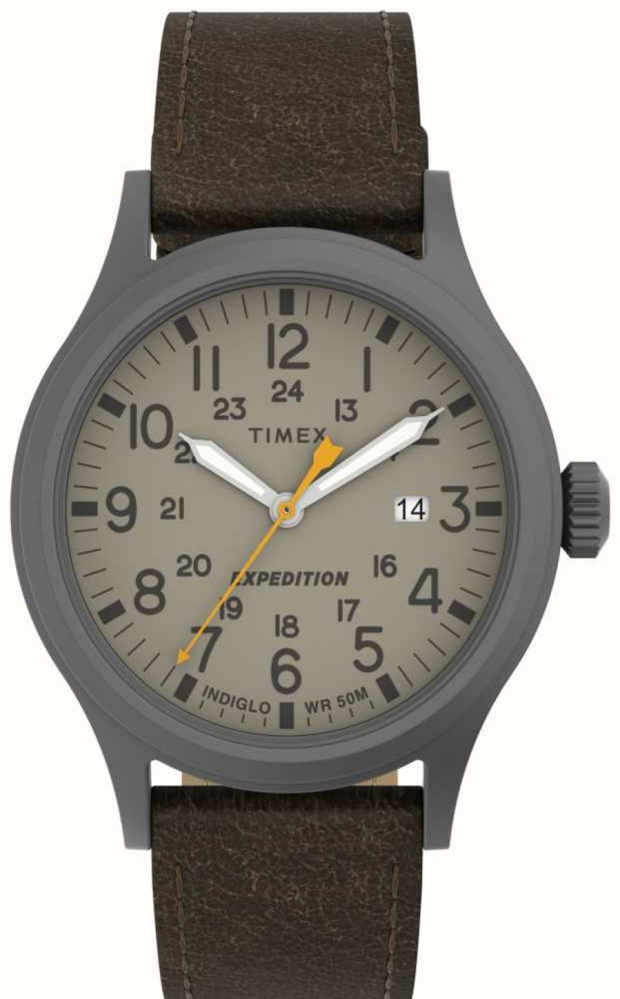 Men'S Timex | Timex Expedition Scout Gunmetal Khaki Dial / Dark Brown Leather Strap