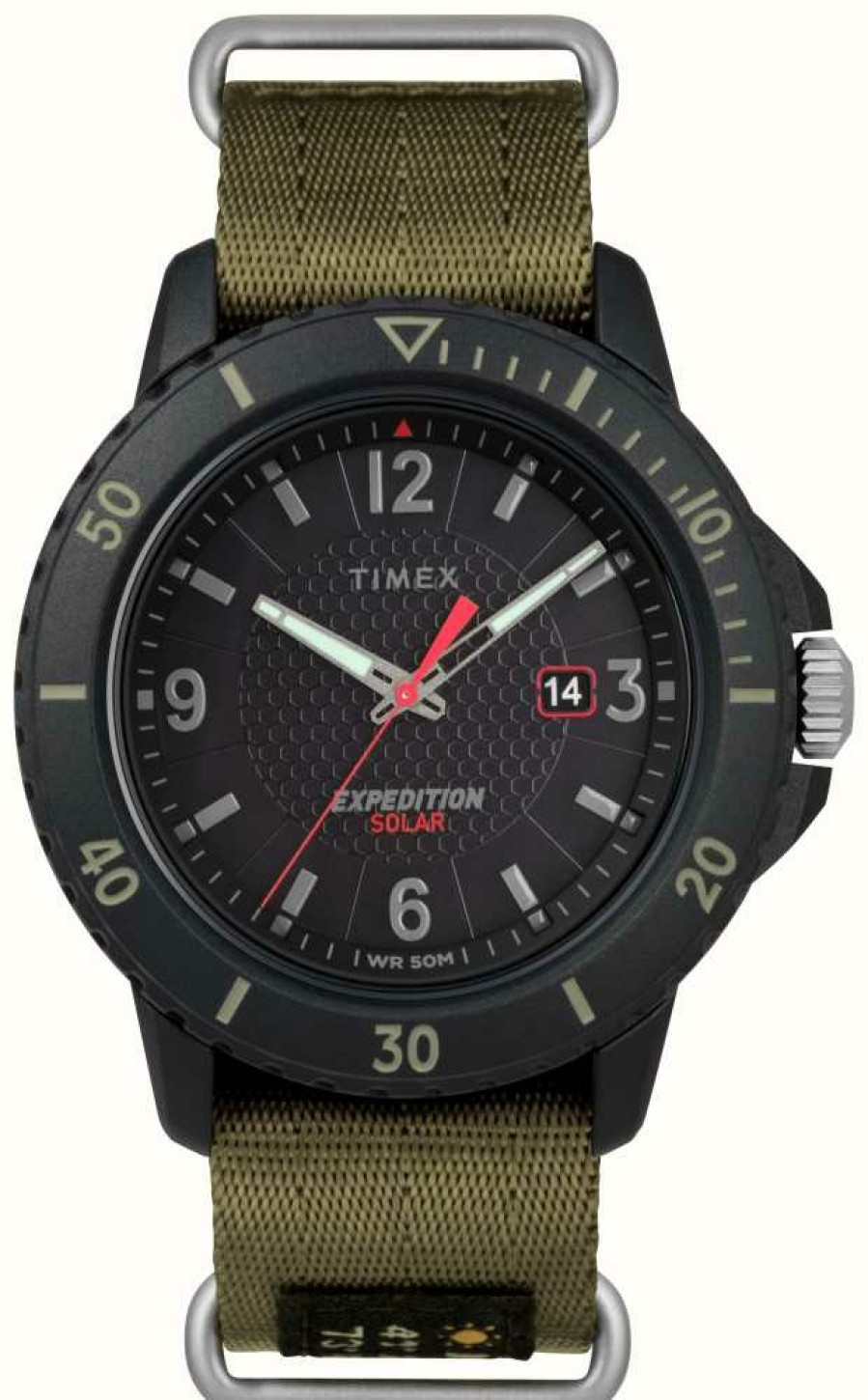 Men'S Timex | Timex Men'S Gallatin Solar Black Dial Green Nylon Strap