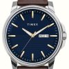 Men'S Timex | Timex Men'S Dress Blue Dial Brown Leather Strap