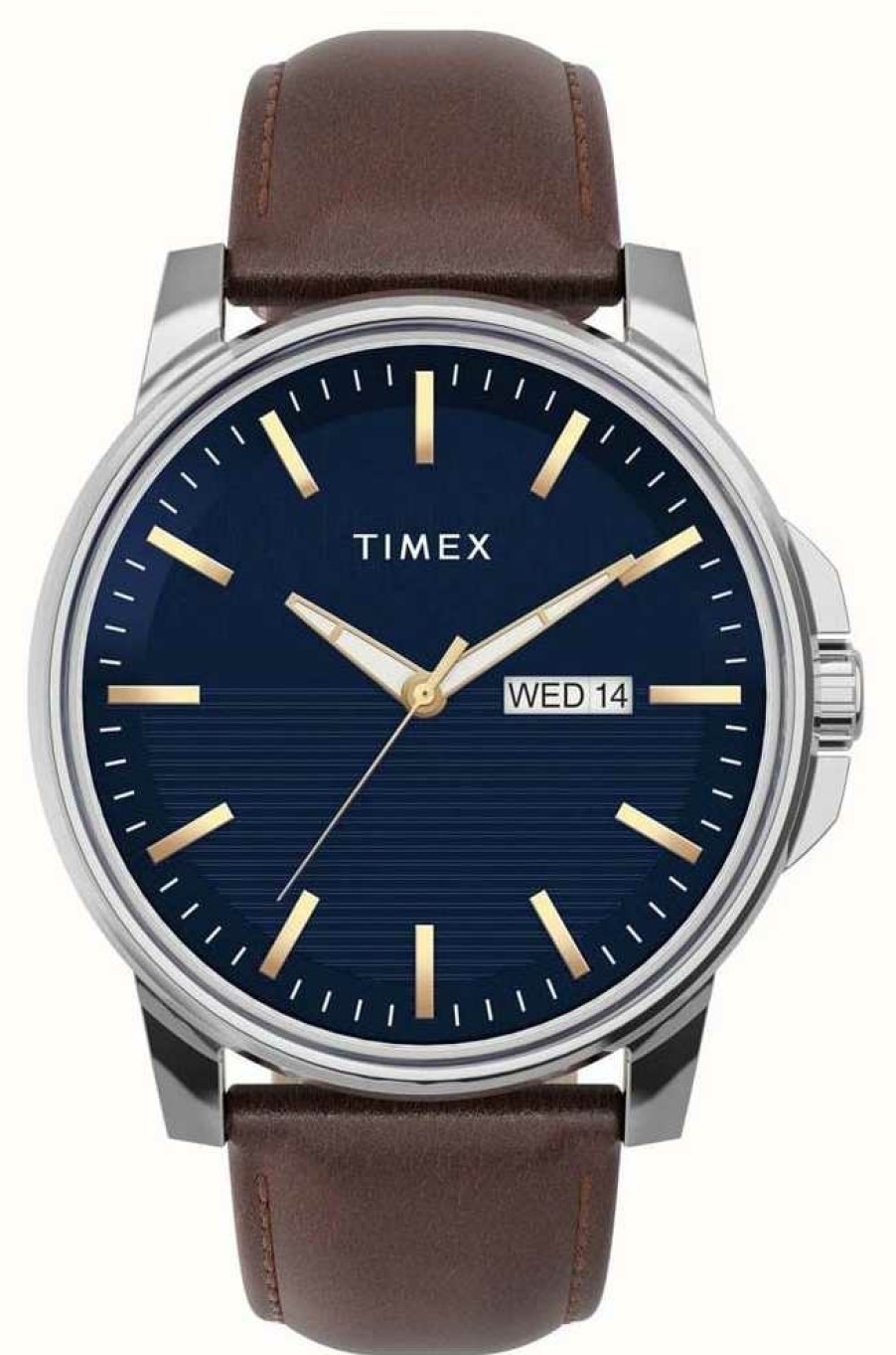 Men'S Timex | Timex Men'S Dress Blue Dial Brown Leather Strap