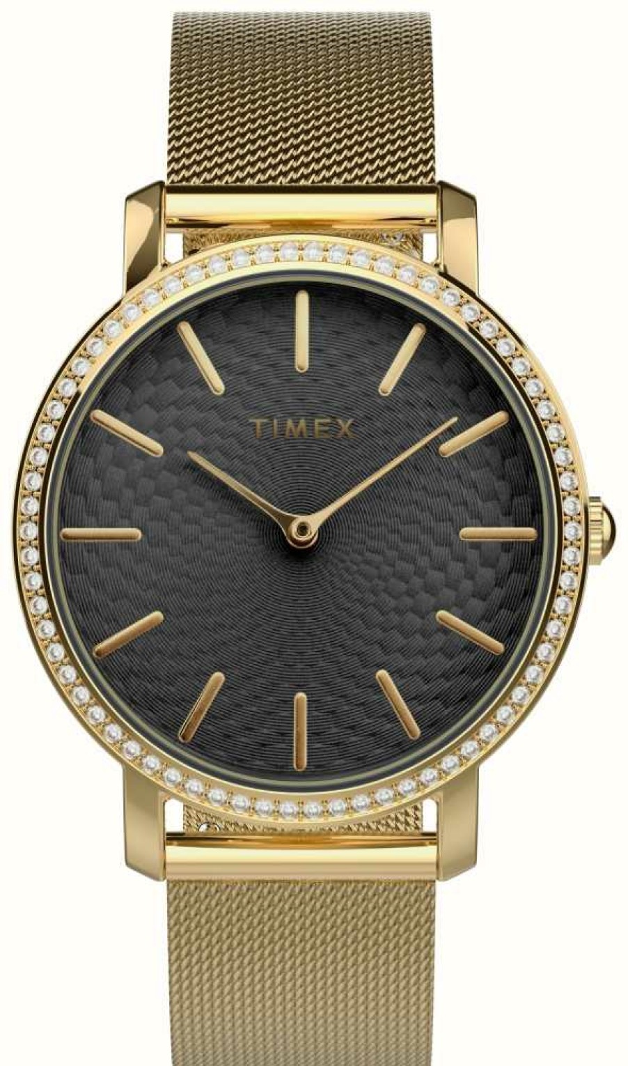 Women'S Timex | Timex Womens Transcend Black Dial / Gold-Tone Steel Mesh Bracelet