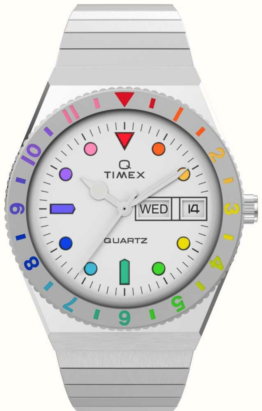 Women'S Timex | Timex Women'S Q Rainbow White Dial / Stainless Steel Bracelet