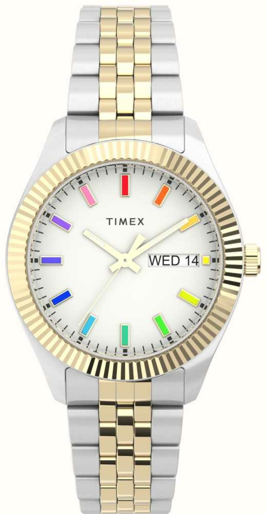 Women'S Timex | Timex Womens Legacy Rainbow White Dial Two-Tone Stainless Steel Bracelet