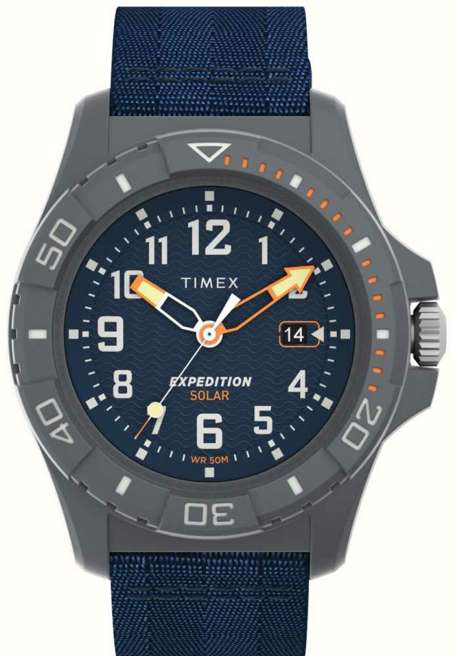 Men'S Timex | Timex Expedition North Freedive Ocean Solar Gray Tide Case Blue Dial Blue Tide Fabric Strap