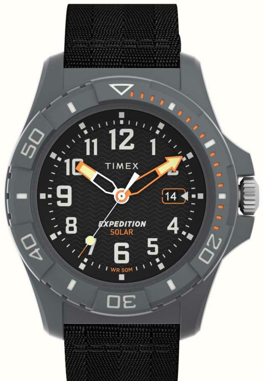 Men'S Timex | Timex Expedition North Freedive Ocean Solar Gray Tide Case Black Dial Black Tide Fabric Strap